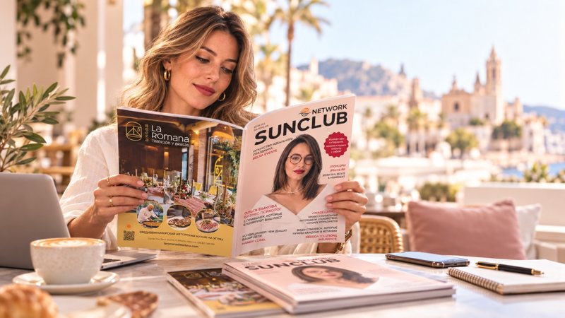 Читательница листает журнал SunClub Network №4 за столиком кафе. Иллюстрация создана с помощью ИИ