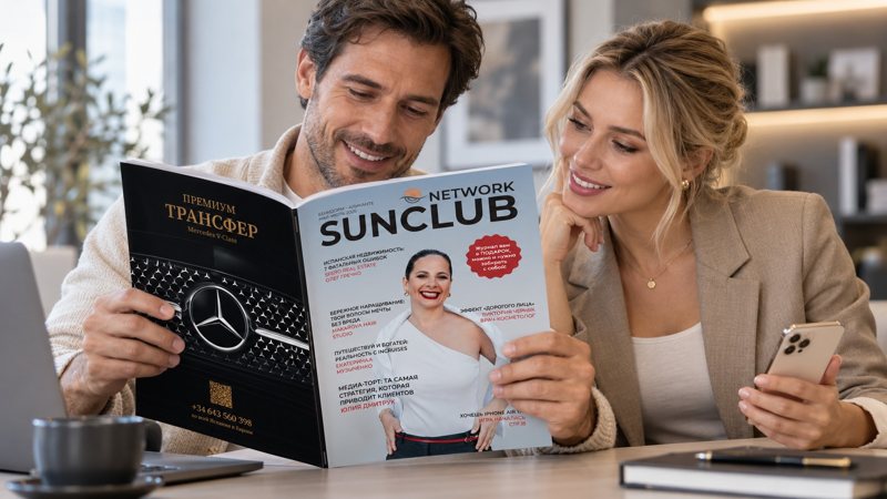 Пара читает журнал SunClub Network за рабочим столом. Иллюстрация создана с помощью ИИ